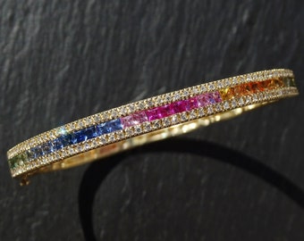 rainbow sapphire and diamond bangle bracelet in 14k gold, rainbow gemstone bracelet gold, diamond tennis bangle, anniversary gift for wife