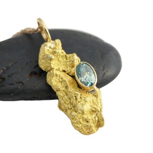 natural gold nugget pendant with blue diamond, Alaska gold nugget necklace, real gold nugget pendant unique gift for men and women
