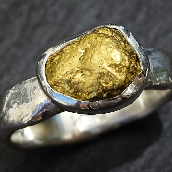 molten gold nugget ring silver, raw gold nugget ring, gold nugget engagement ring, unique wedding band, solid gold nugget ring for women