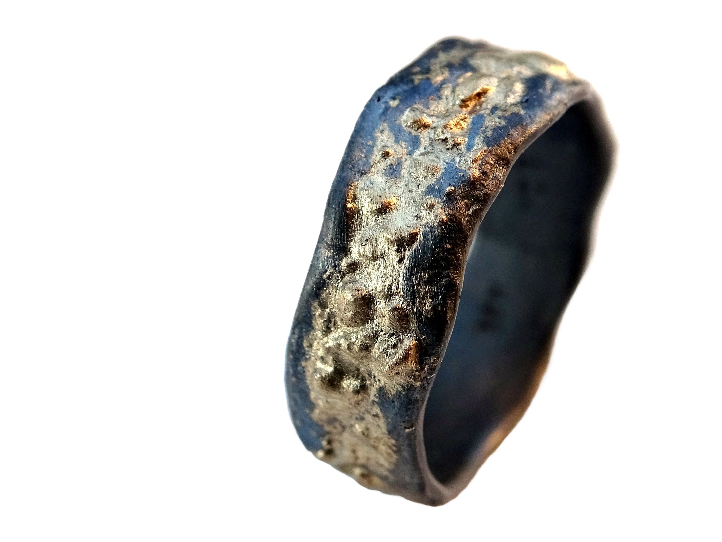 viking wedding ring black silver and gold, molten wedding band, galaxy wedding ring, organic mens ring, molten lava wedding ring for him