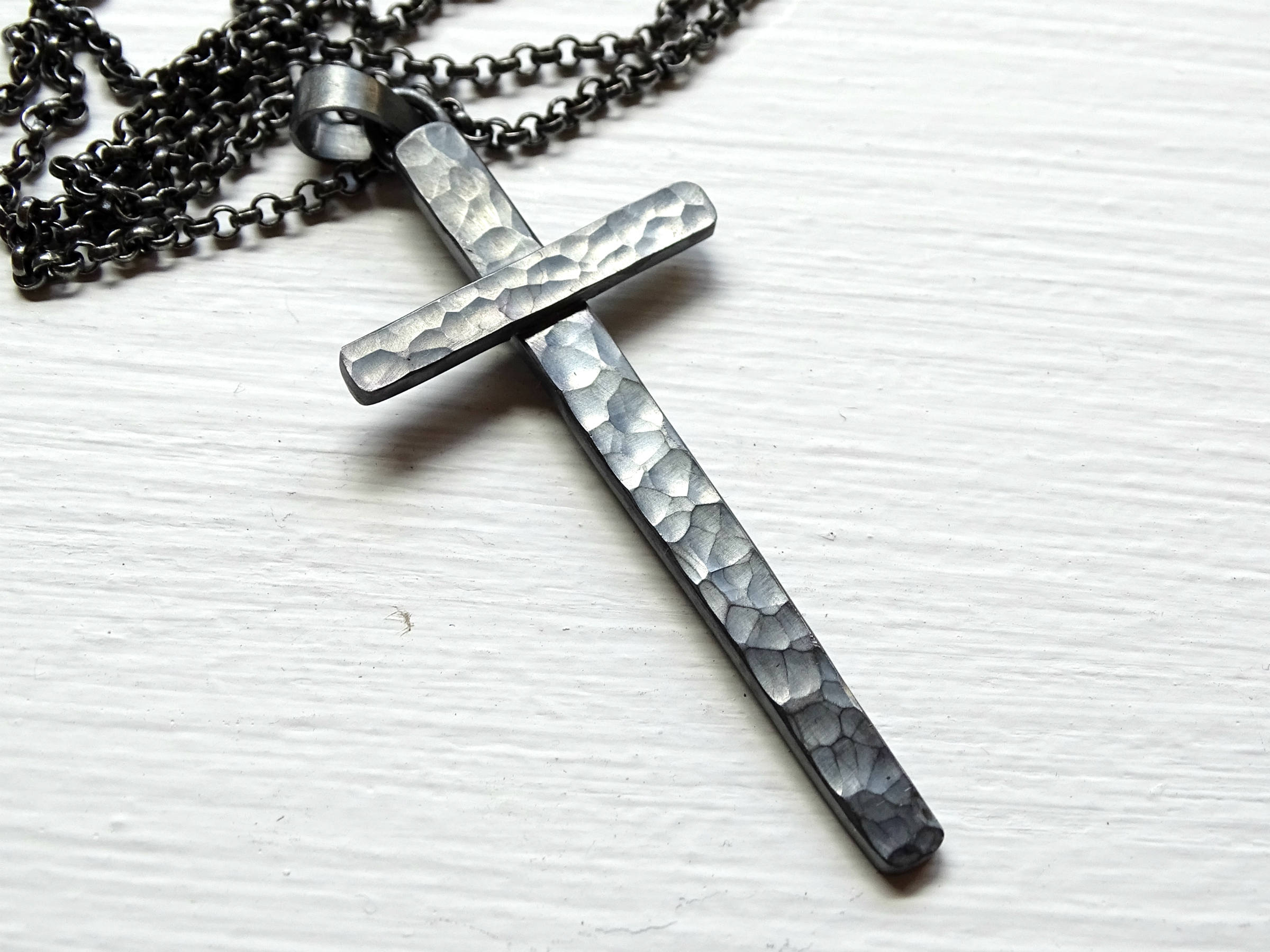 hammered cross necklace silver black silver cross mens cross | Etsy