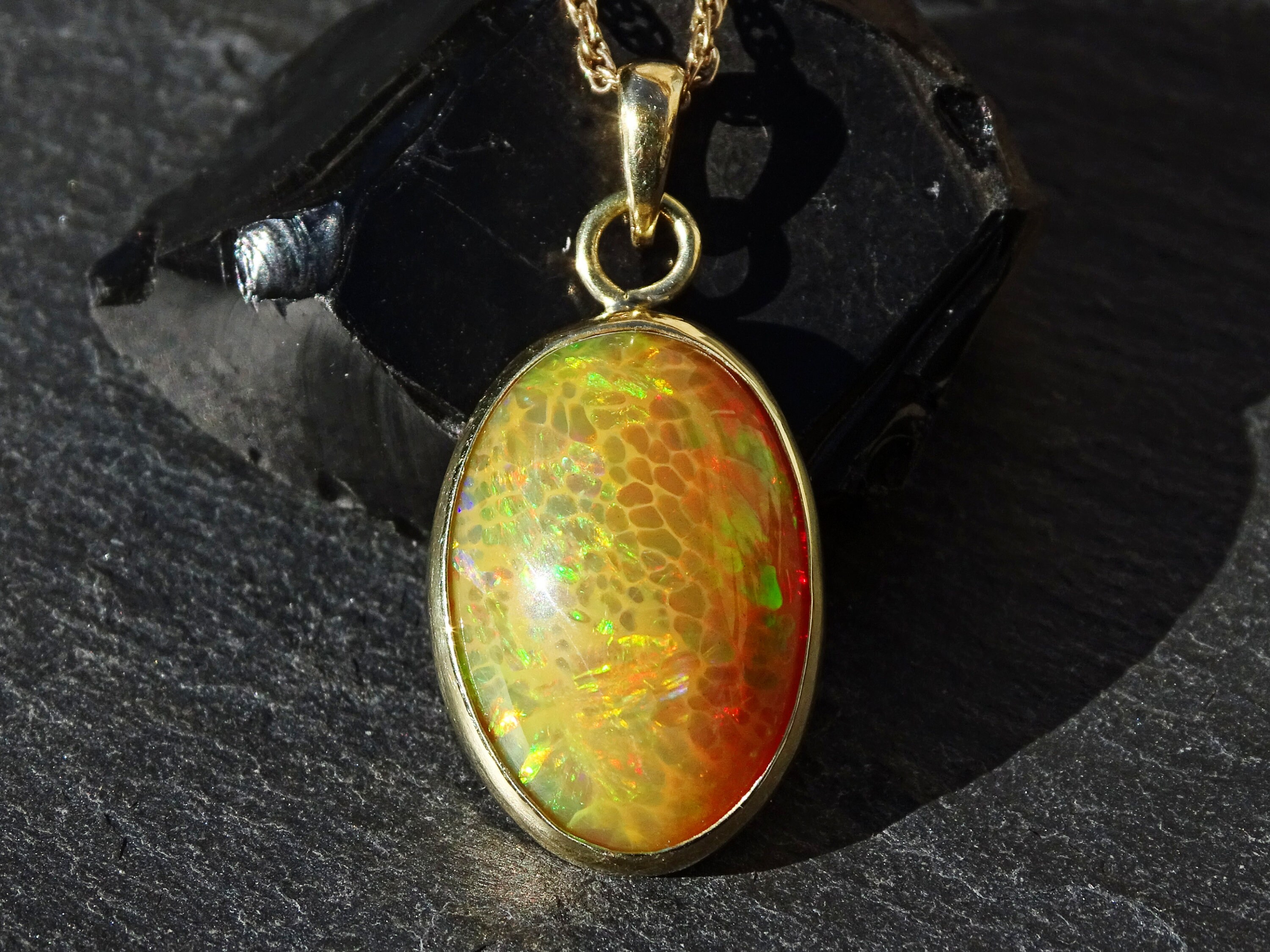 Big Honeycomb Welo Opal Pendant Gold Opal Necklace Rainbow Opal
