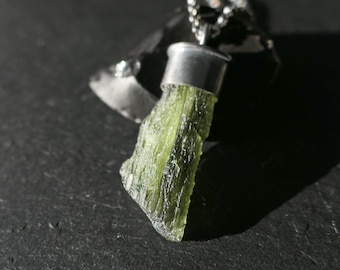 Raw Moldavite Pendant: Black Sterling Silver Necklace, Rare Meteorite Crystal