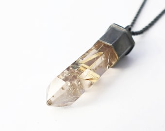 Golden Star Rutile Quartz Pendant: Oxidized Sterling Silver Smoky Crystal Necklace