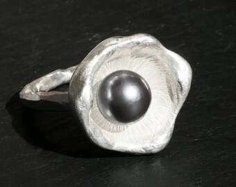 Grey Tahitian Pearl Ring: Sterling Silver Watercast Statement Ring