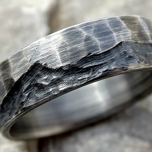rustic wave ring silver, boho wedding ring, mens wedding band silver, outdoors wedding ring for him, cool mens ring silver ring hammered