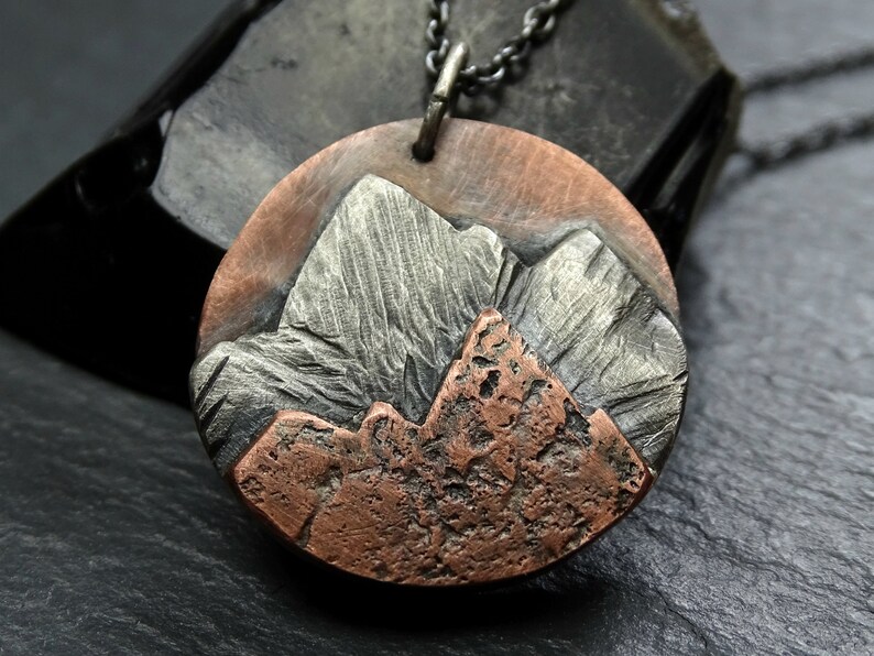 copper silver mountain range pendant cool mens necklace landscape amulet necklace for him mountain pendant for him outdoor jewelry