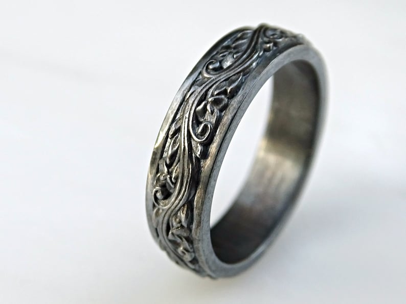 floral promise ring flower eternity ring gift for her floral engagement ring black flower ring pagan wedding ring black silver ring