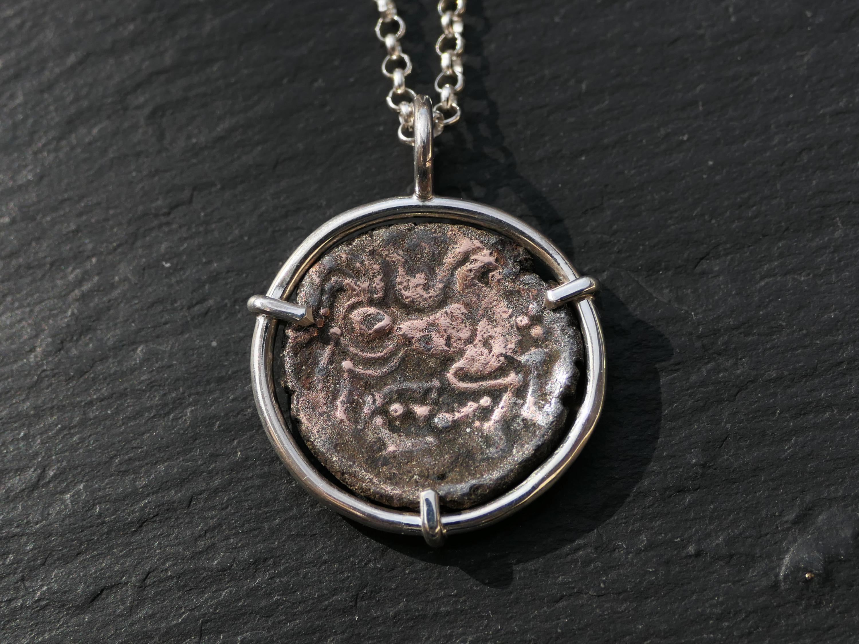 real Celtic bronze coin pendant in silver, ancient coin necklace horse coin pendant, ancient coin jewelry, unique gift for men