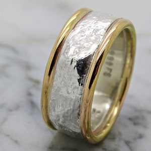 mens wedding ring gold silver band, cool wedding band for men, fine silver gold ring, mens viking ring, mens engagement ring, gift for him image 7