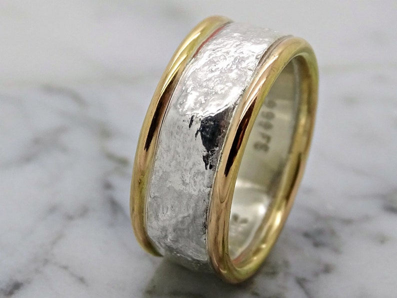 mens wedding ring gold silver band, cool wedding band for men, fine silver gold ring, mens viking ring, mens engagement ring, gift for him image 7