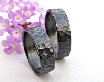 black silver wedding bands, matching rings for him and her, his and hers promise rings, hammered rings silver, matching wedding rings silver