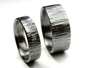 matching wedding bands his and hers, silver wedding ring set, hammered silver rings gemstone, tree bark rings matching promise rings rustic