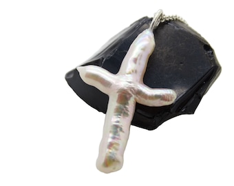 Real Pearl Cross Pendant: Sterling Silver Christening Gift