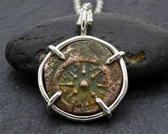 real widows mite coin pendant set in silver, small bronze coin pendant, biblical coin pendant, Judaea coin silver necklace gift for women