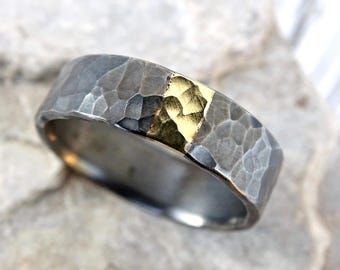 mens wedding band mixed metal, men proposal ring, unique mens ring silver gold promise ring, viking wedding ring hammered, cool wedding ring