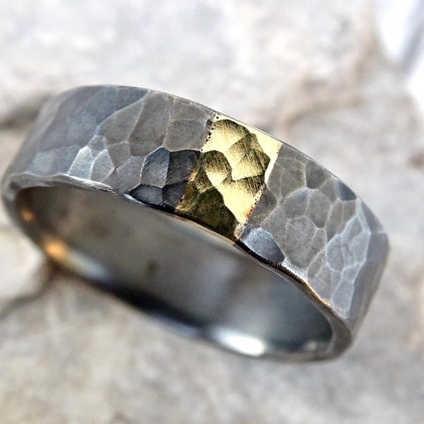 mens wedding band mixed metal, men proposal ring, unique mens ring silver gold promise ring, viking wedding ring hammered, cool wedding ring