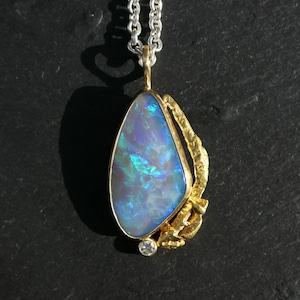 gold nugget pendant with black opal and diamond, natural gold nugget necklace, large opal pendant, diamond necklace for her, unique gift