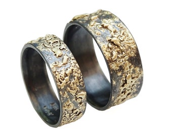 unique wedding bands gold silver, molten wedding ring set, matching rings his hers promise rings viking wedding rings medieval wedding bands