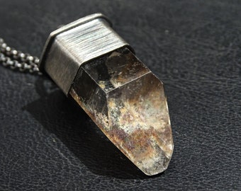 faceted garden quartz pendant, inclusion quartz crystal necklace, uncut crystal pendant, lodolite crystal jewelry, unique men's jewelry