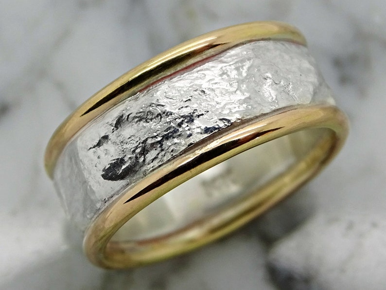 mens wedding ring gold silver band, cool wedding band for men, fine silver gold ring, mens viking ring, mens engagement ring, gift for him image 6