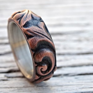 viking wedding ring copper leaf ring, medieval wedding band mens proposal ring, textured copper ring leaves, copper anniversary gift ring