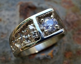 14k White Gold Diamond Ring: Nugget Textured Mens Pinkie Ring