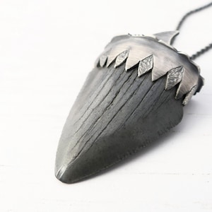 handmade Megalodon shark tooth pendant in dark silver, fossilized shark tooth pendant, ocean talisman, unique anniversary gift for men
