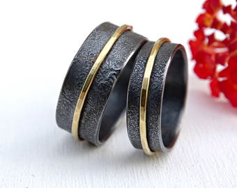 unique wedding bands, celtic wedding ring set, black silver gold rings, matching wedding rings his hers ring set, viking wedding bands gold