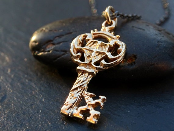 dainty gold key pendant, womens key necklace, ant… - image 1