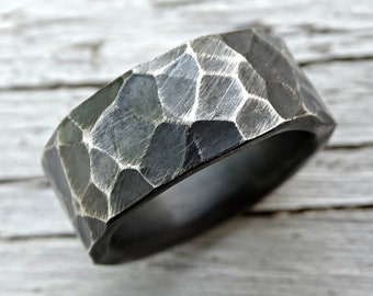 Oxidized Sterling Silver Mens Wedding Band: Chunky Forged Ring
