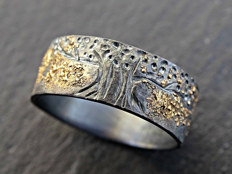 anillo único del árbol de la vida plata negra oro de 14k, anillo vikingo anillo Yggdrasil, anillo de bodas celta para hombres anillo de bodas oro fundido y plata imagen 8