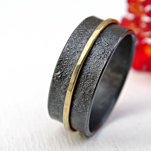 unique mens wedding band gold silver, wide wedding ring black silver, gold silver ring, viking wedding band, artisan gold ring reticulated