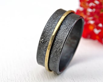 unique mens wedding band gold silver, wide wedding ring black silver, gold silver ring, viking wedding band, artisan gold ring reticulated