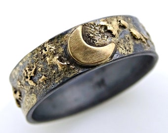 celestial gold moon ring, lunar wedding band in gold and silver, unisex galaxy ring, starry night ring, constellation ring, unique gift