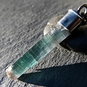 blue tourmaline pendant black silver, green tourmaline crystal pendant for women, raw crystal necklace, green pink tourmaline, gift for men