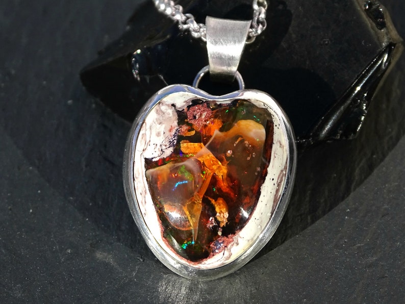 Big Fire Opal Heart Pendant Silver Unique Fire Opal Necklace - Etsy