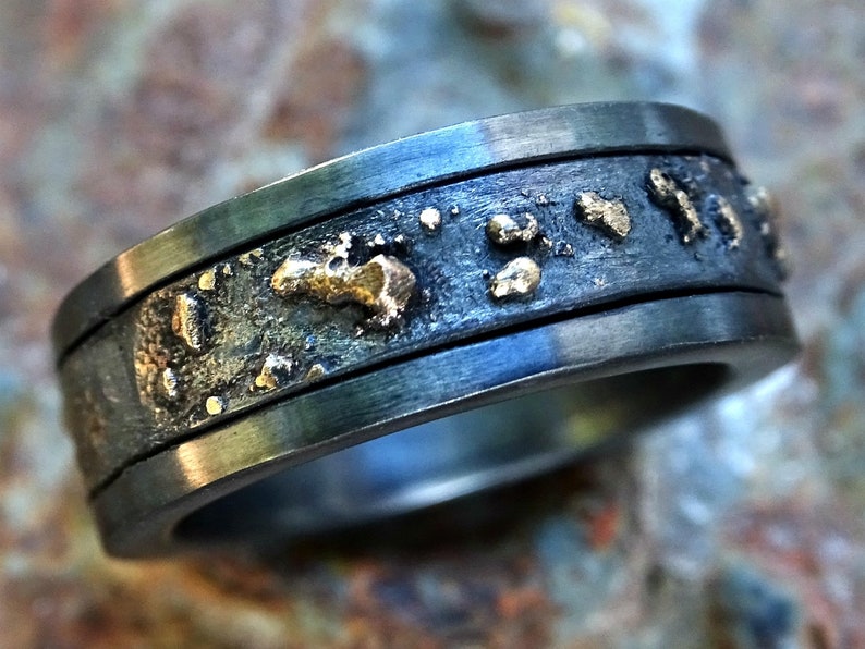 Mens Wedding Band Black Gold Ring Men Viking Wedding Band Etsy