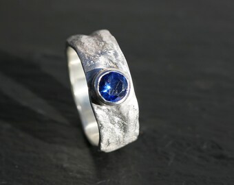 Mens Sapphire Ring: Molten Sterling Silver Viking Wedding Band