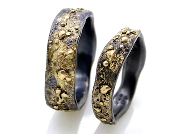 viking wedding ring set gold and black silver, matching wedding bands molten structure, constellation rings, unisex anniversary rings