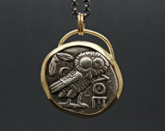 Colgante de moneda de búho de Atenea en oro de 14 quilates: collar con moneda de plata de la antigua Grecia