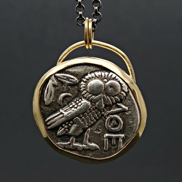 Owl of Athens coin gold pendant with coin of your choice, 14k gold Owl of Athena coin necklace, ancient Greek coin pendant, gift for her