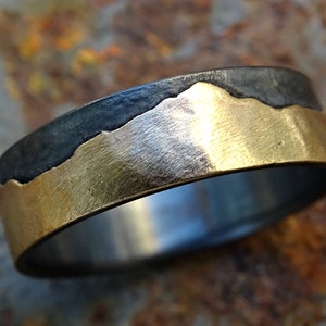 gold mountain range ring, outdoor wedding ring nature, promise ring black silver gold wedding band personalized, custom mountain ring men