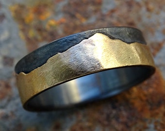 gold mountain range ring, outdoor wedding ring nature, promise ring black silver gold wedding band personalized, custom mountain ring men