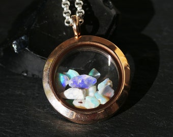 Australian Opal Locket Pendant: Rose Gold Sterling Silver Necklace