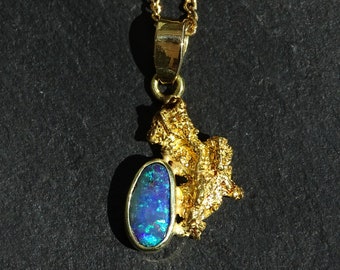 black opal and gold nugget pendant, Alaska gold nugget pendant, natural gold nugget necklace, Gold rush pendant unique gift for her