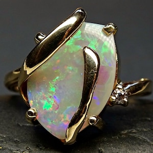 gold opal ring diamond, Australian opal ring, opal engagement ring, women proposal ring, diamond opal ring gold promise ring, gift for her