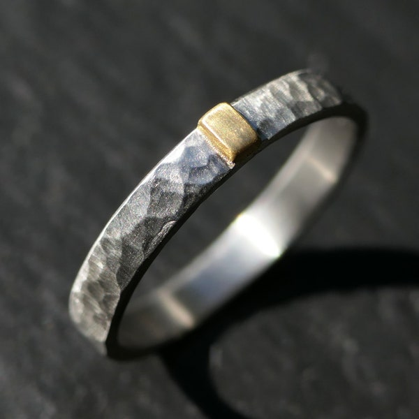 Hammered Platinum Ring: 22k Gold Accent, Minimalist Wedding Band