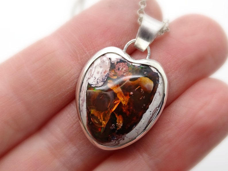 Big Fire Opal Heart Pendant Silver Unique Fire Opal Necklace | Etsy