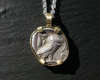 Ancient Owl of Athena Coin Pendant: 18k Gold, Greek Silver Necklace